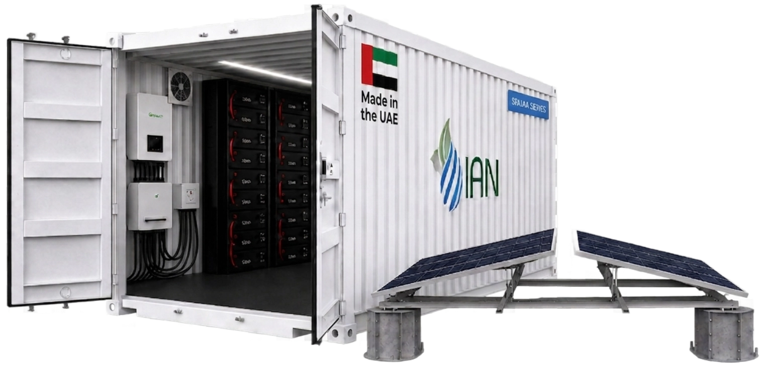 Shuaa container with battery system, inverter and solar panels